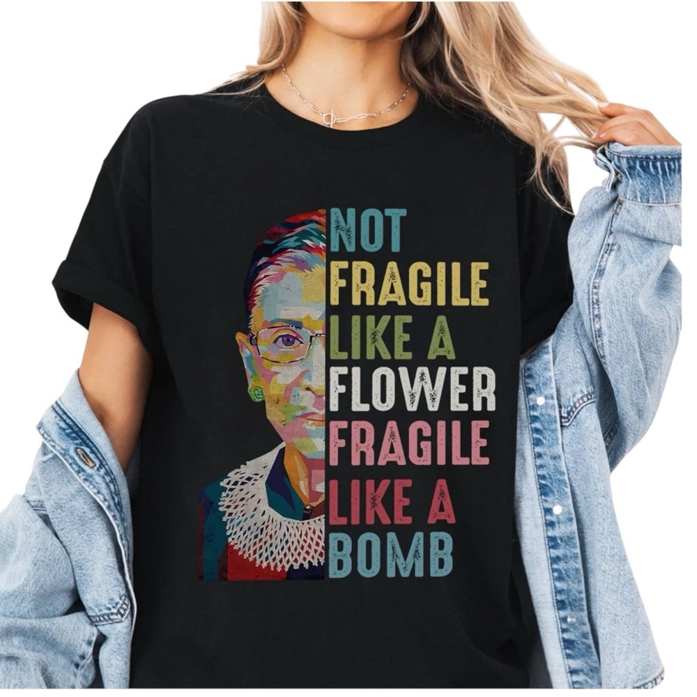 Fragile Like A Bomb RBG Graphic Black T-Shirt Size Medium Women’s Colorful
